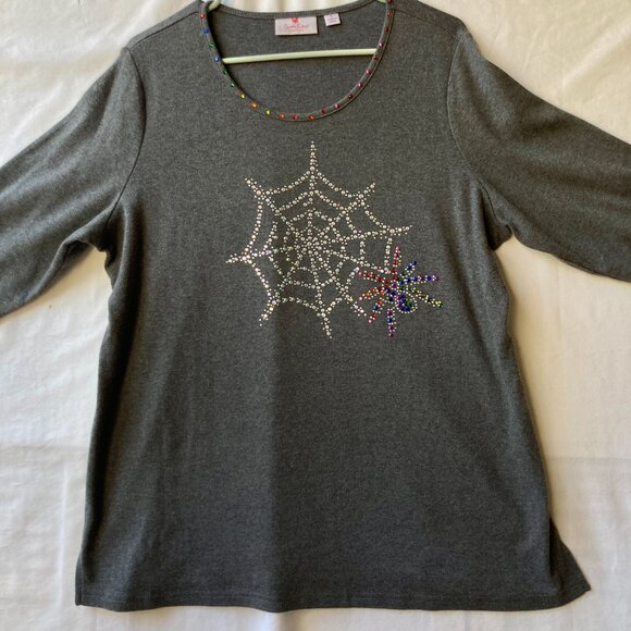 Quacker Factory Womens Shirt Spider Web Size Large Gray Grey Jersey Rhinestones - Picture 9 of 16